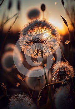 White dandelion crumbles from the wind in the rays of the setting sun. AI Generated