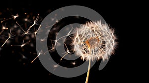 White dandelion with flying seeds in the wind