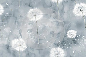 White dandelion pattern design, grey background, seamless, high resolution, no blur effect, white dots on the gray sky, delicate