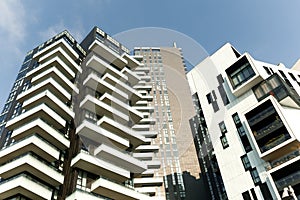 Milan, Italy, March 2020. White and dark brown futuristic apartment building architecture. 01.2020 Milan.