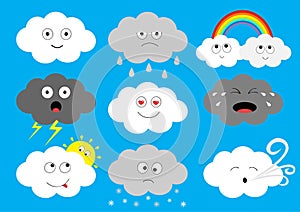 White dark cloud emoji icon set. Fluffy clouds. Sun, rainbow, rain drop, wind, thunderbolt, storm lightning. Cute cartoon cloudsca