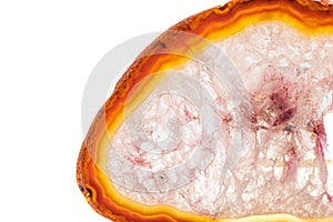 White, dark and light orange and red semi-transparent agate slice crystal, banded chalcedony stone