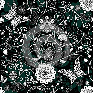 White and dark seamless floral pattern
