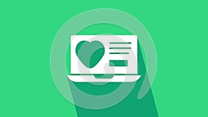 White Dating app online laptop concept icon isolated on green background. Female male profile flat design. Couple match