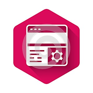 White Debugging icon isolated with long shadow background. Debugging tool. Magnifying glass on bug programming. Testing