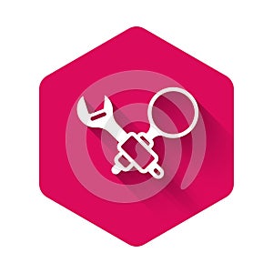 White Debugging icon isolated with long shadow background. Debugging tool. Magnifying glass on bug programming. Testing