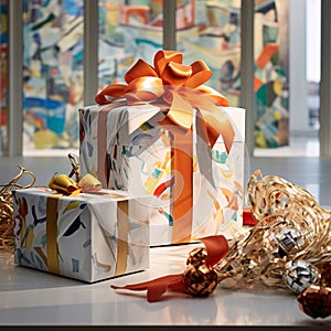 White decorated boxes, gifts with orange bows. Gifts as a day symbol of present and