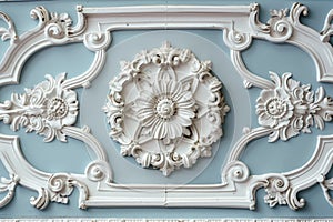 White decorative plasterwork on a light blue wall