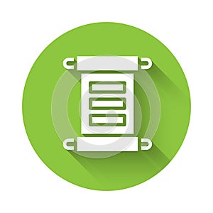 White Decree, paper, parchment, scroll icon icon isolated with long shadow. Green circle button. Vector