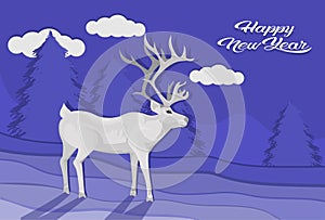 White deer cartoon animal reindeer flat fir tree landscape background christmas greeting card horizontal