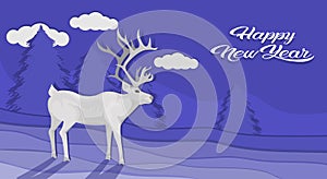 White deer cartoon animal reindeer flat fir tree landscape background christmas greeting card horizontal