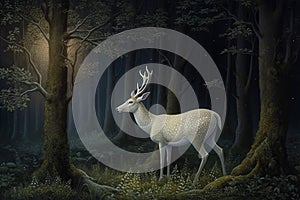 White deer in dark forest. Generate Ai