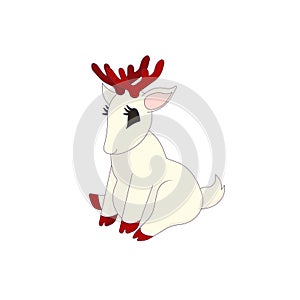 White deer with red antlers and hoofs in Cartoon style on white isolated background, vector illustration for prints, logos and