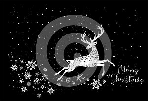 White Deer Reindeer Stag stencil drawing with snowflakes.Black Christmas card.