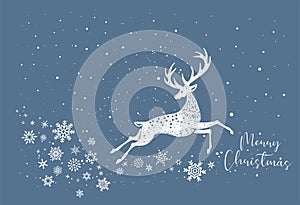White Deer Reindeer Stag stencil drawing with snowflakes.Blue Christmas card.