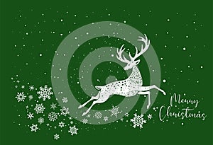 White Deer Reindeer Stag stencil drawing with snowflakes.Green Christmas card.