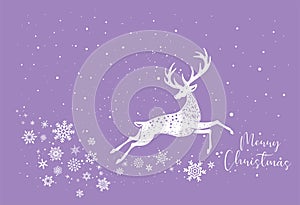 White Deer Reindeer Stag stencil drawing with snowflakes.Violet Christmas card.
