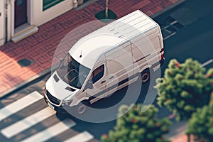 White delivery cargo courier van moving fast on city street