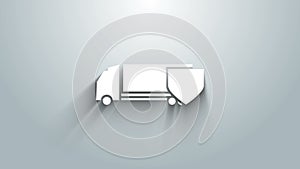 White Delivery cargo truck with shield icon isolated on grey background. Insurance concept. Security, safety, protection