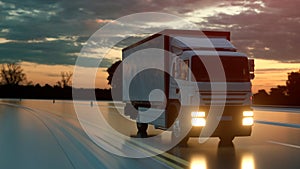 White delivery truck on asphalt road highway at sunset - transportation background. 3d rendering