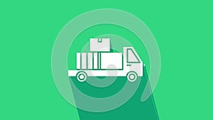 White Delivery truck with cardboard boxes behind icon isolated on green background. 4K Video motion graphic animation