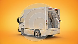 White delivery truck with an elephant. 3d rendering