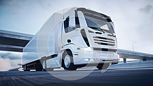 White delivery truck on highway. Very fast driving. Delivery concept. 3d rendering.