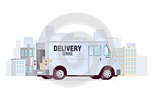 White delivery van on city background with boxes inside