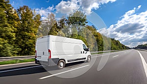 White delivery van on highway road.