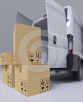 White delivery van with packages 3d render