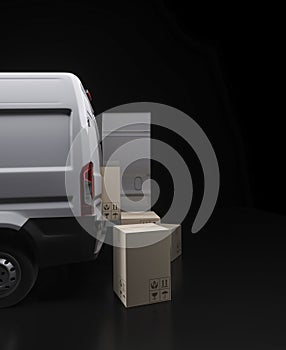 White delivery van with packages 3d render