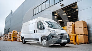 White delivery van parked in front of a warehouse loading dock.