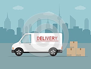 White delivery van with shadow and cardboard boxes on city background.