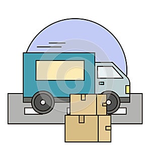 White delivery van with shadow and cardboard boxes on city background. Fast service truck