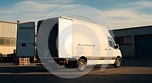Delivery van with open doors ready for loading and unloading at a warehouse dock area