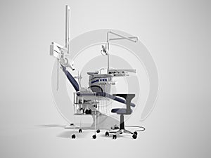 White dental chair with blue inserts with light and functionality for dental treatment 3d render on gray background with shadow