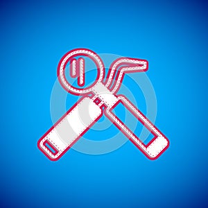 White Dental inspection mirror and probe icon isolated on blue background. Explorer scaler. Tool dental checkup. Vector