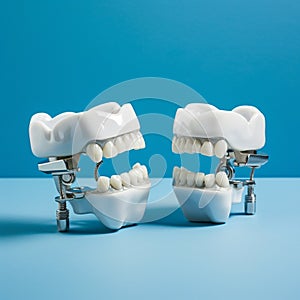 White dental prostheses on blue background