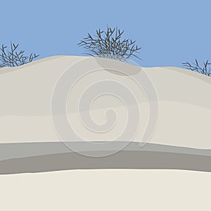 White desert of sand with black dry bushes of thorns and blue cloudless sky landscape vector illustration