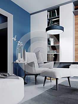 White designer chair with a footboard and a floor lamp near and a side table in a modern living room