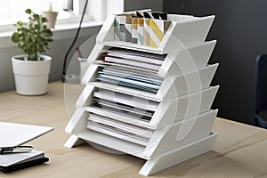 A white desk organizer with various papers and folders is on a desk, alongside a plant in a white pot and a pen holder, ai