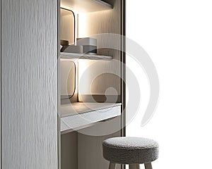 A white desk with a small stool and a mirror