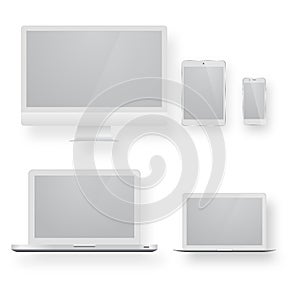 White desktop computer display screen smartphone tablet portable notebook or laptop.