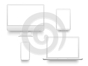 White desktop computer display screen smartphone tablet portable notebook or laptop. Mockup electronics devices vector