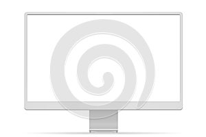 White desktop computer monitor with empty display, device screen mockup, blank screen with shadow on transparent background
