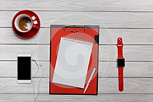 White desktop red cup coffee clock clock phone phone headphones