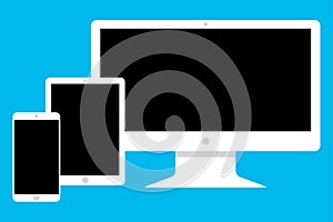 White destop computer, tablet and smartphone set with black screen on blue background. Smartphone,tablet and desktop computer eps