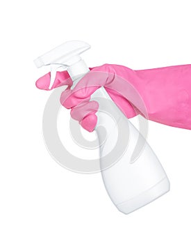 White detergent keeps hand in pink rubber gloves photo