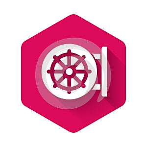 White Dharma wheel icon isolated with long shadow background. Buddhism religion sign. Dharmachakra symbol. Pink hexagon