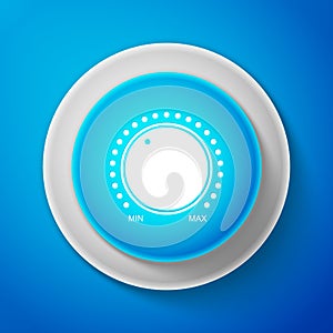 White Dial knob level technology settings icon isolated on blue background. Volume button, sound control, music knob